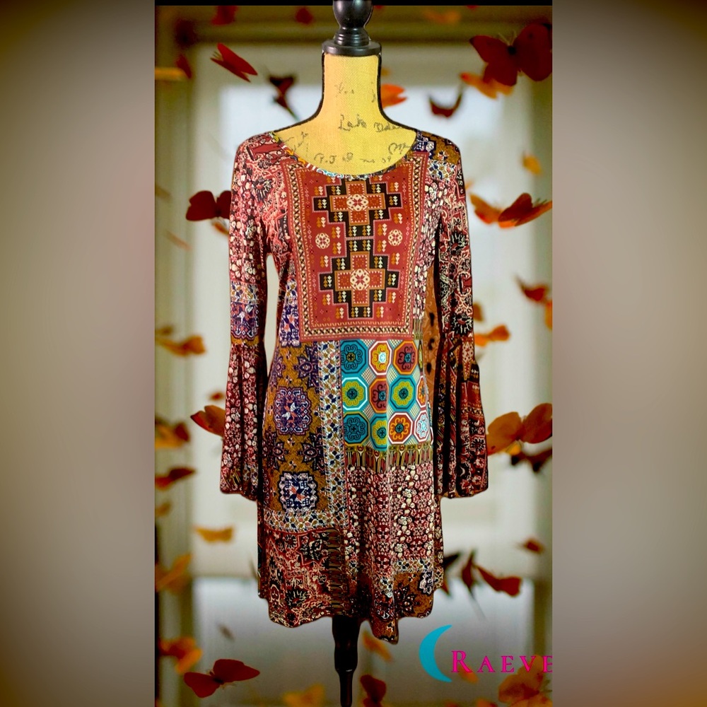 Haani Bell Sleeved Multicolor Geometric Dress